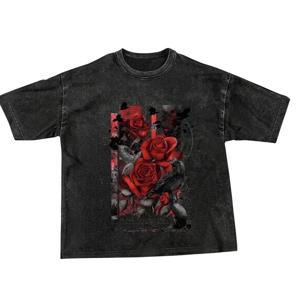 Unbranded Graphic T-Shirt Unisex One Size Black NWOT Roses Crow Acid Wash Cotton